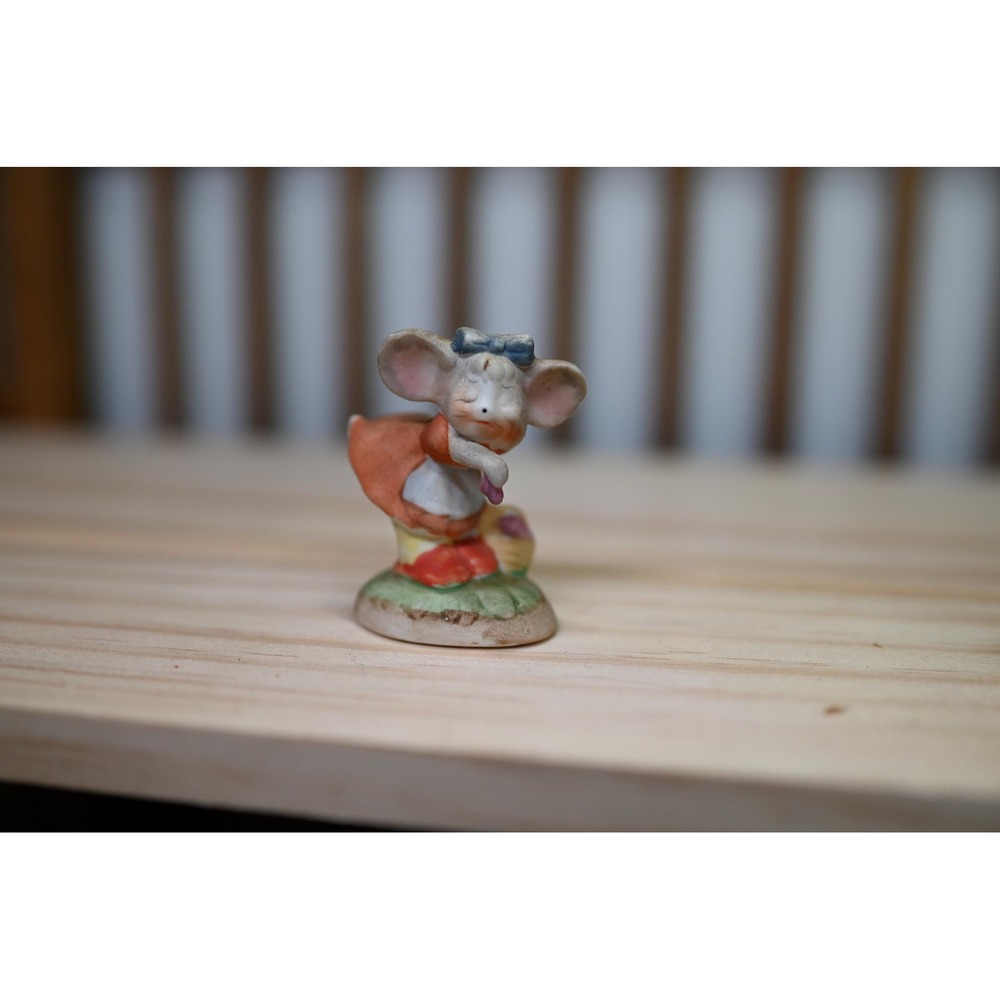Vintage Lefton Country Mouse Figurine Orange Dress Blue Bow Ceramic 70s